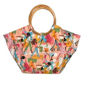 Neiman Marcus Canvas Pink Diva Women Fashionista Bamboo Handle Bag